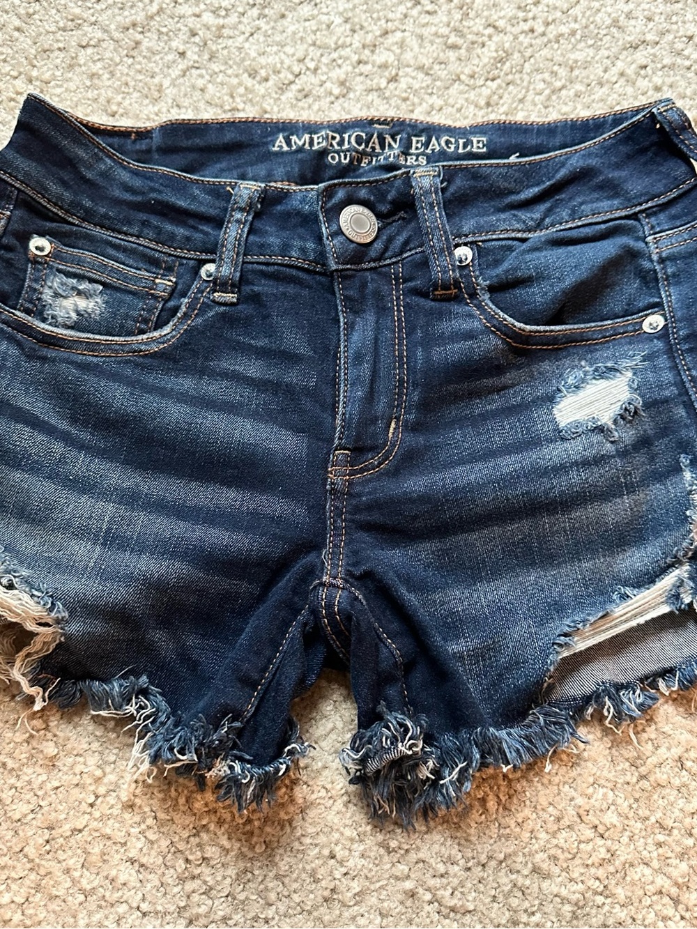 American Eagle Outfitters Dark Blue Distressed Frayed Hem Jean Shorts